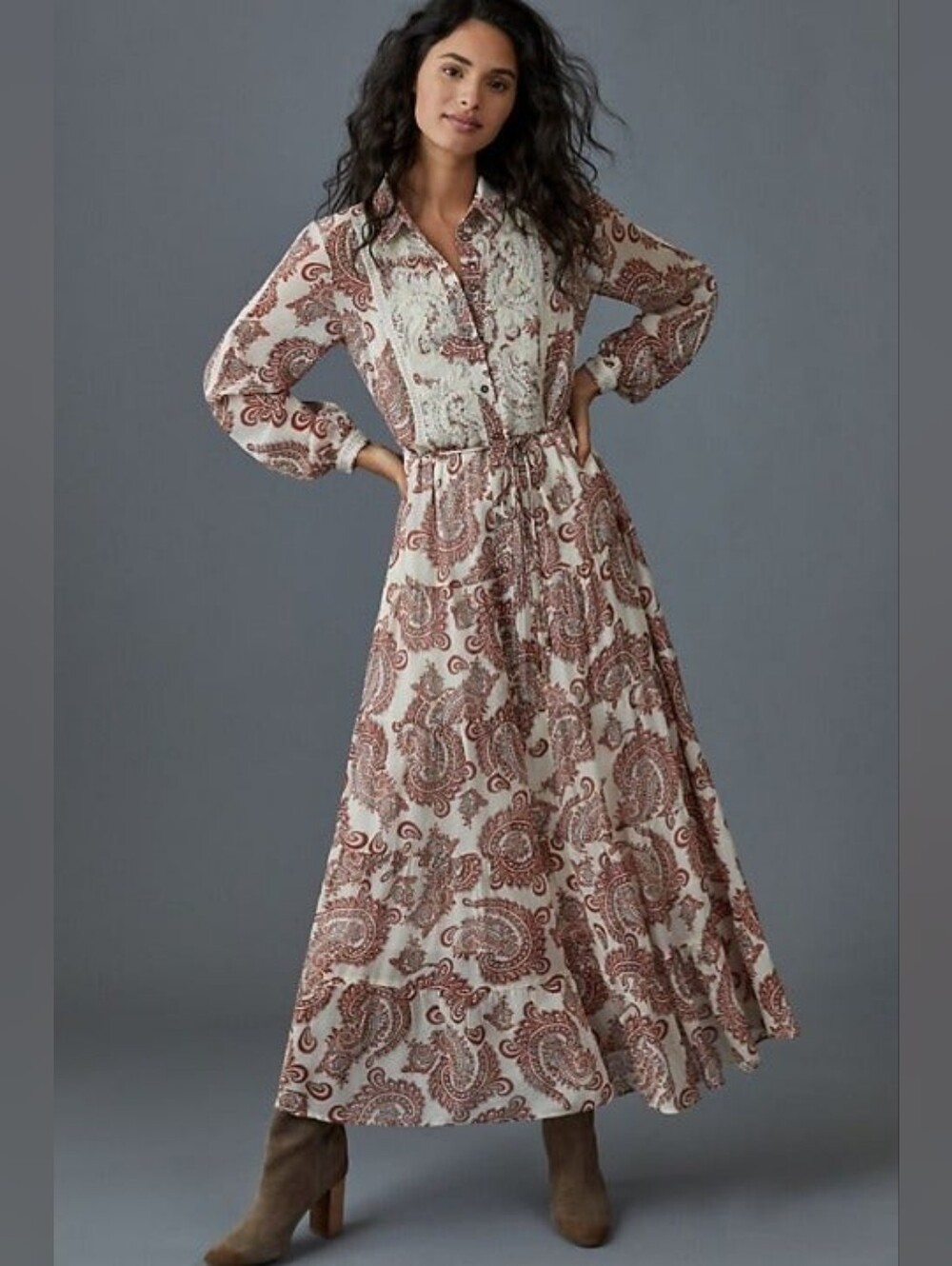 Anthropologie Allaire Maxi Shirt Dress Boho Paisley No Belt Brick Red Sz XL - Picture 2 of 8